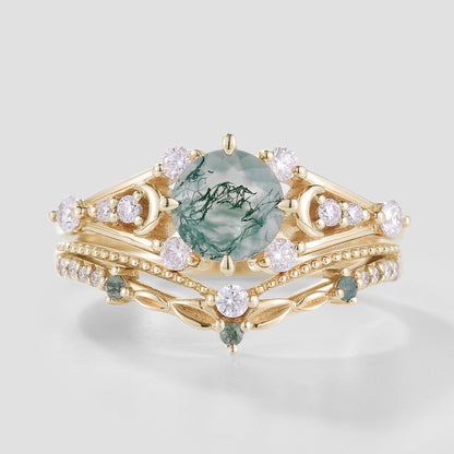 Round Cut Moss Agate Engagement Ring Set Leaf Wedding Band 2pcs