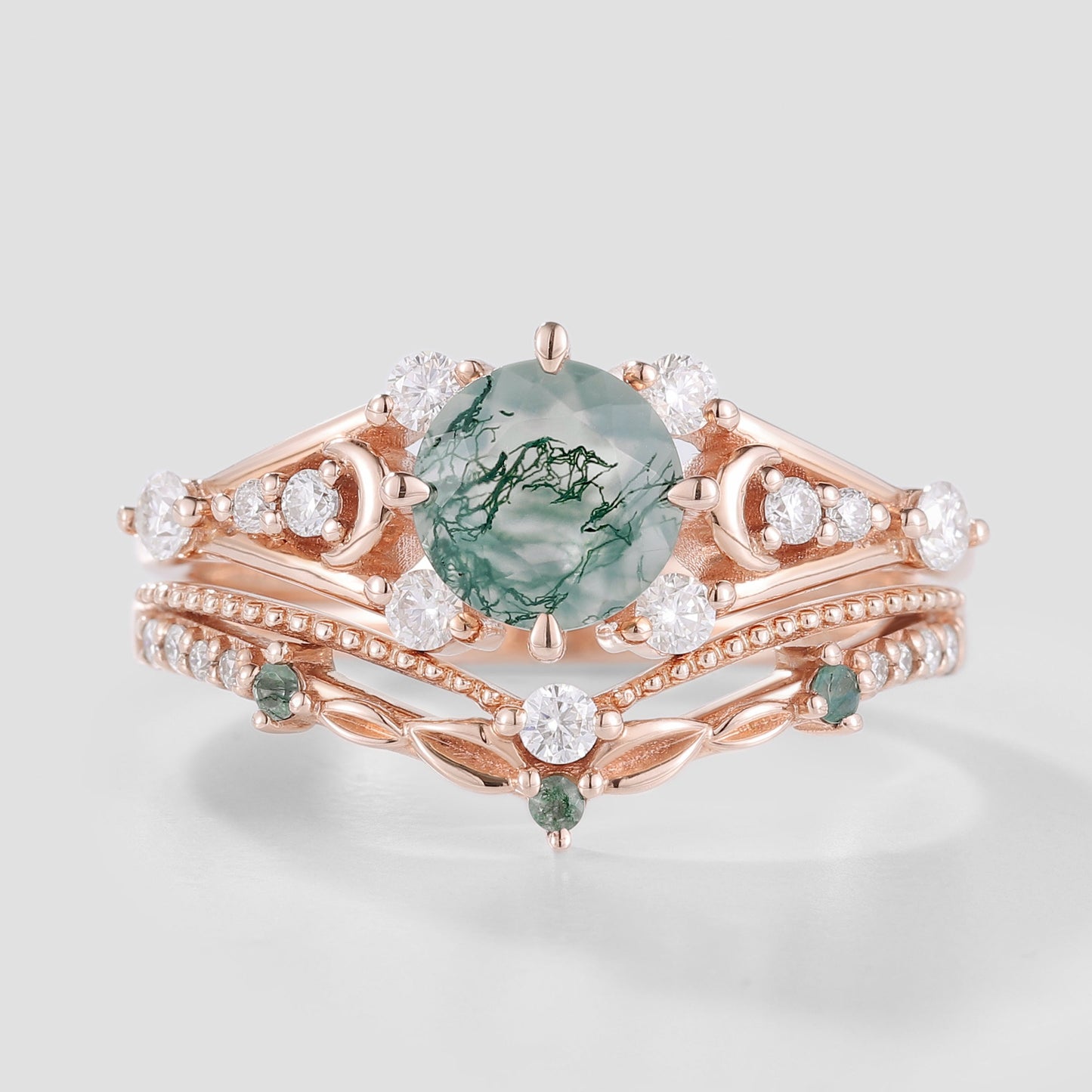 Round Cut Moss Agate Engagement Ring Set Leaf Wedding Band 2pcs