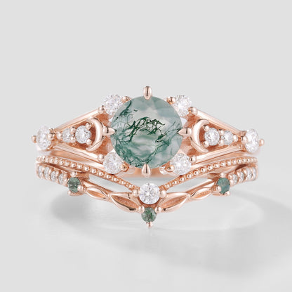 Round Cut Moss Agate Engagement Ring Set Leaf Wedding Band 2pcs