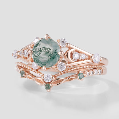Round Cut Moss Agate Engagement Ring Set Leaf Wedding Band 2pcs