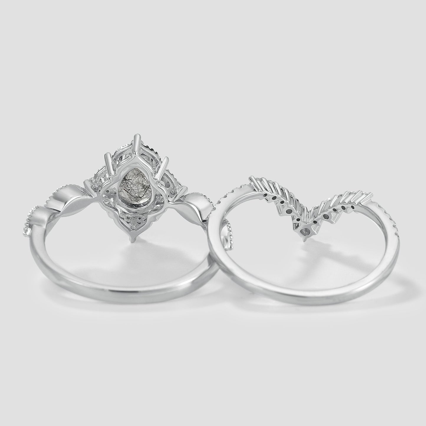 Vintage Black Rutilated Quartz Engagement Ring Set 2pcs