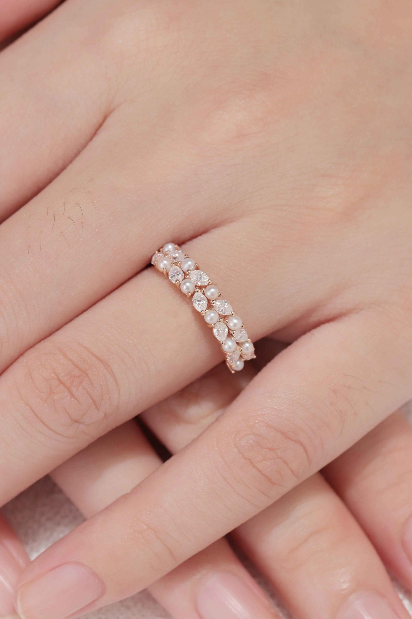 Unique Marquise Shaped Miossanite Pearl Half Enternity Stacking Ring