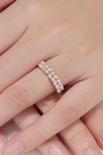 Unique Marquise Shaped Miossanite Pearl Half Enternity Stacking Ring