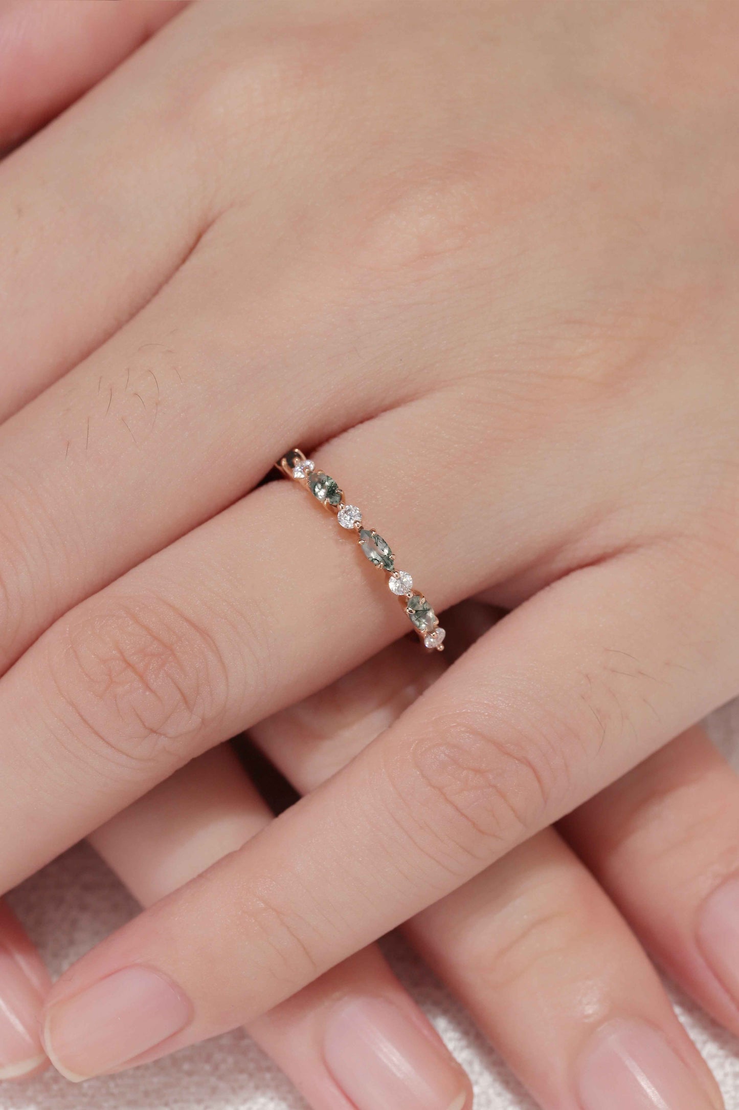 Marquise Cut Moss Agate Half Enternity Silver Stacking Ring