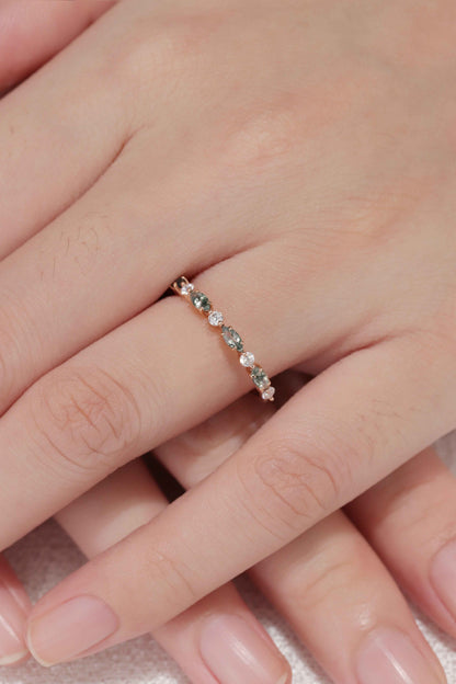 Marquise Cut Moss Agate Half Enternity Silver Stacking Ring