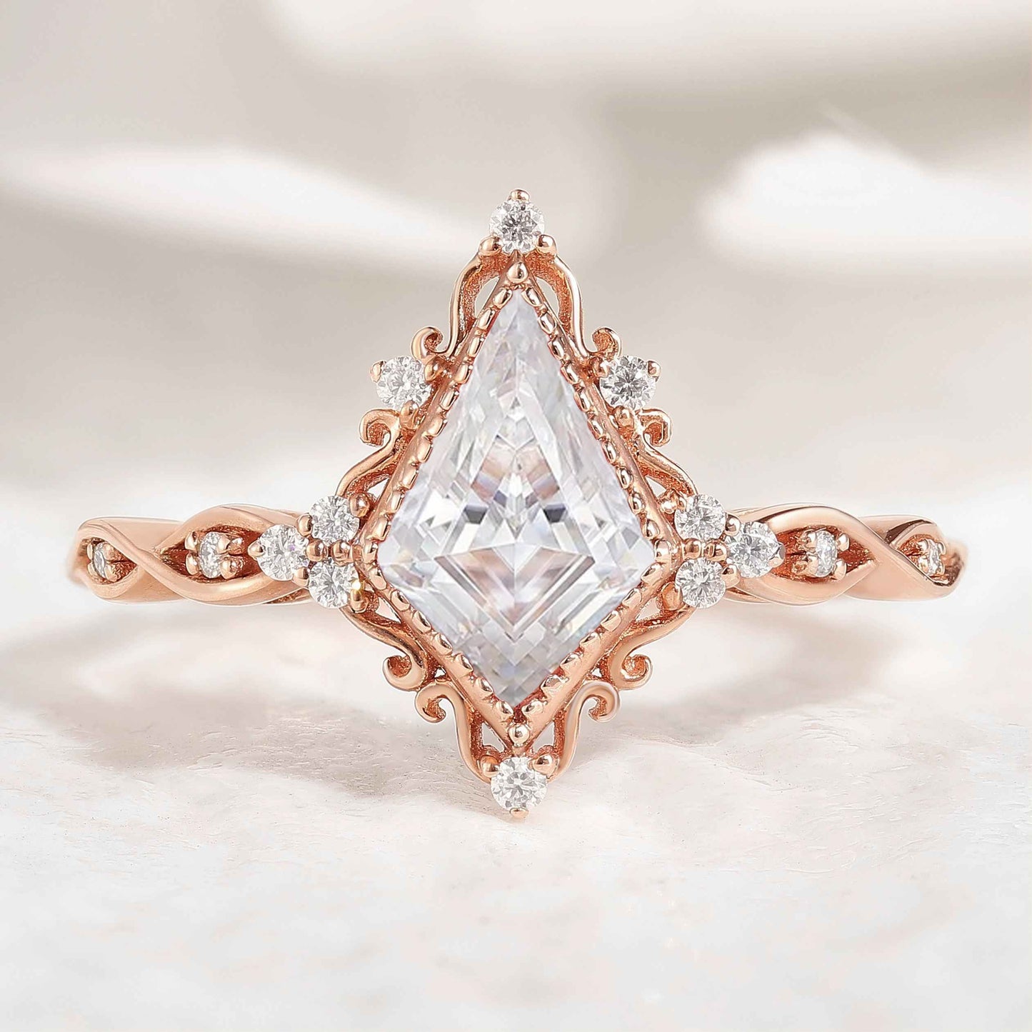 Vintage Kite Shaped Moissanite Engagement Ring Solid Gold Ring