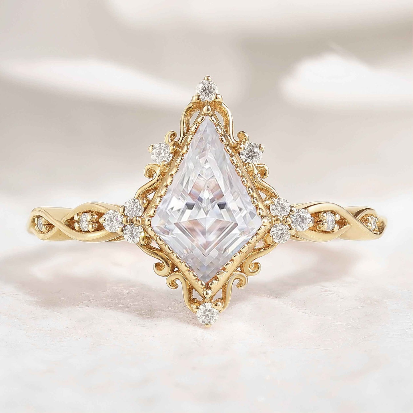 Vintage Kite Shaped Moissanite Engagement Ring Solid Gold Ring