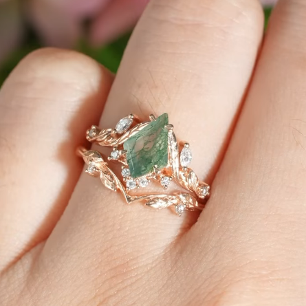 Unique Kite Cut Moss Agate Moissanite Vine and Leaf Gemstone Ring Set 2pcs
