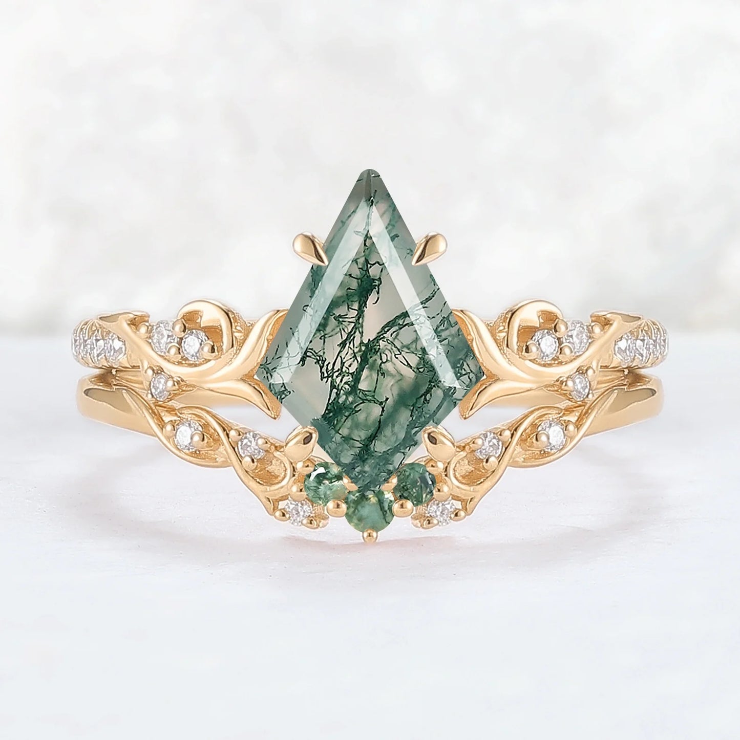 Nature Inspired Kite Cut Moss Agate Vine Gemstone Ring Set 2pcs