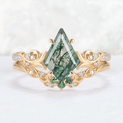 Nature Inspired Kite Cut Moss Agate Vine Gemstone Ring Set 2pcs