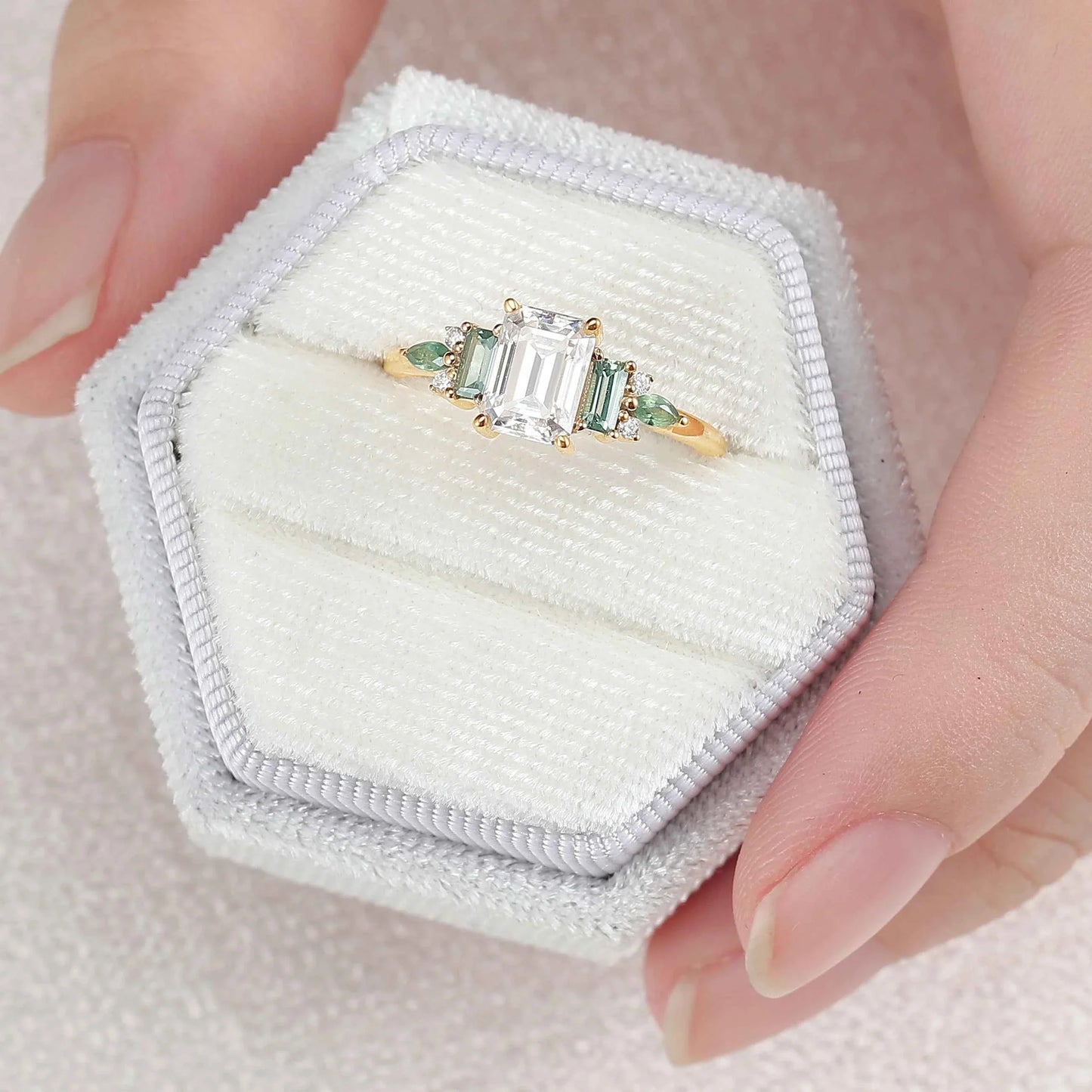 Unique Aveline Emerald Cut Moissanite and Green Sapphire Ring