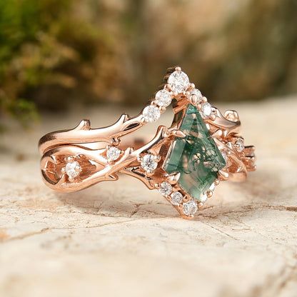 Unique Kite Cut Moss Agate Twig Gemstone Ring Set 2pcs