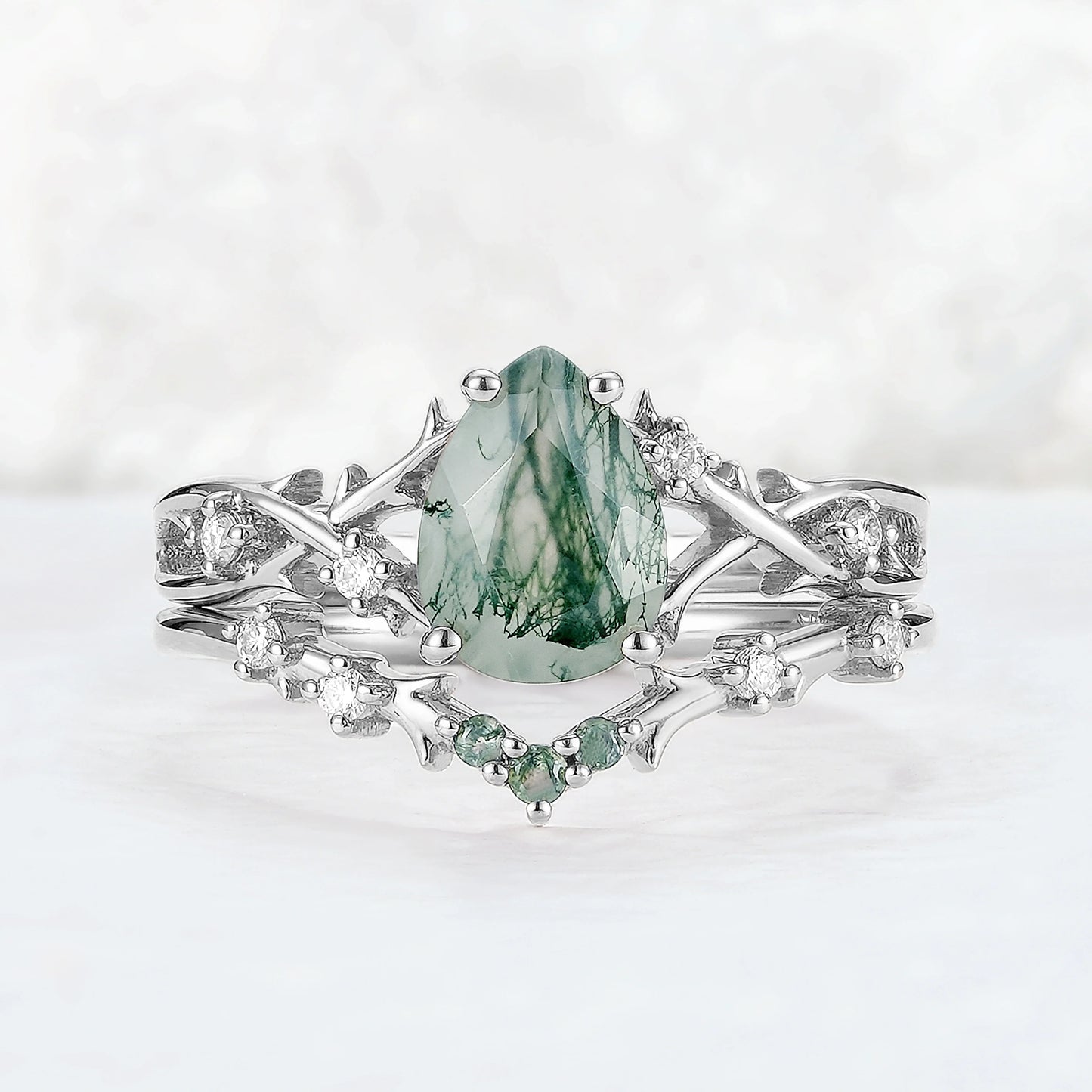 Unique Pear Cut Moss Agate Moissanite Vine Ring Set 2pcs