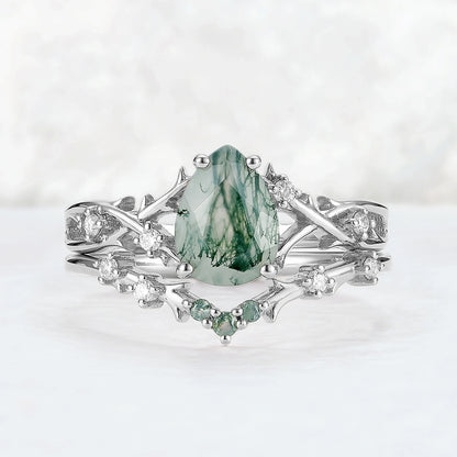 Unique Pear Cut Moss Agate Moissanite Vine Ring Set 2pcs