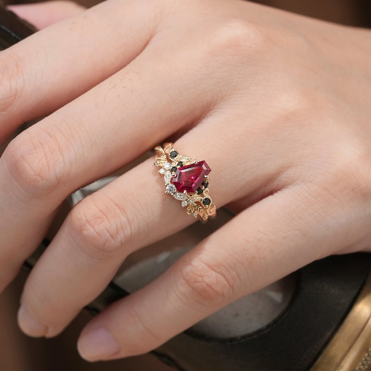 2ct Cocktail Coffin Shaped Ruby & Black Onyx Bridal Set 2pcs-Sophia