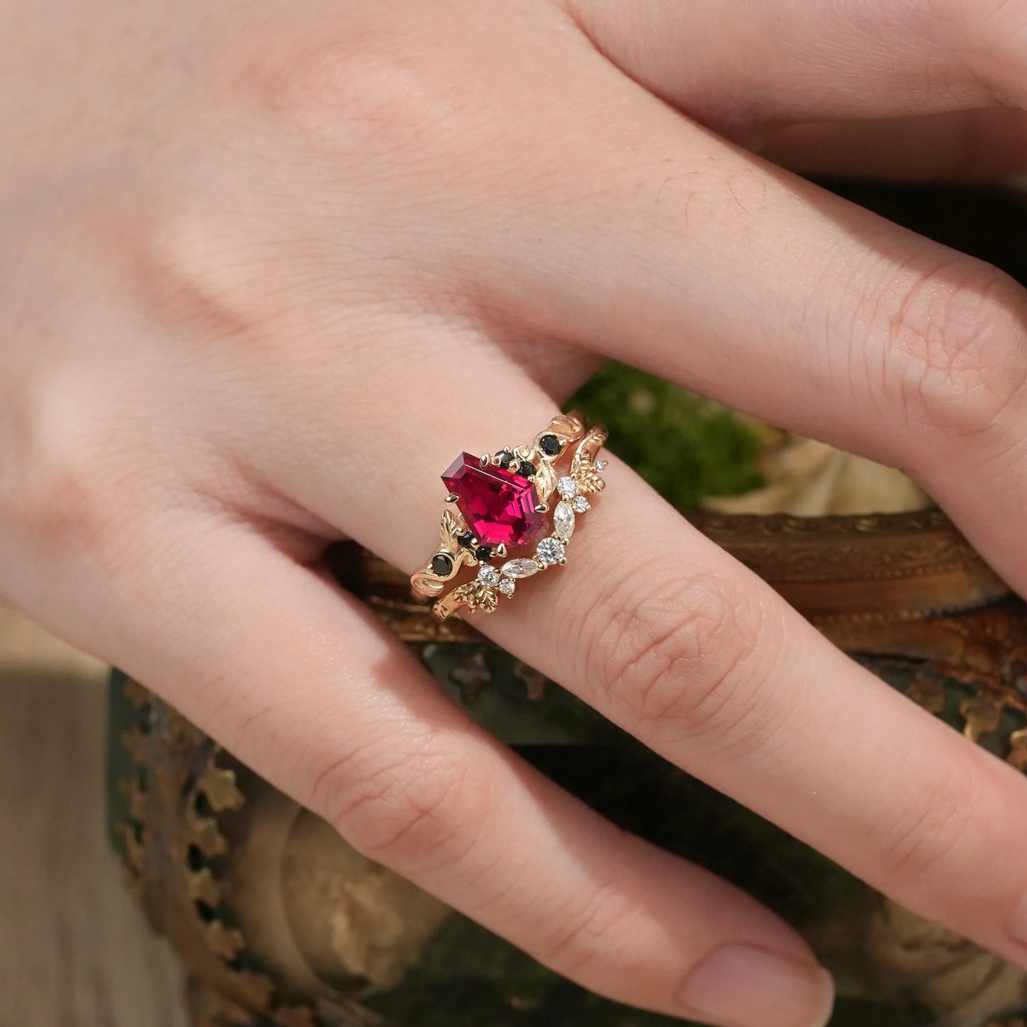 2ct Cocktail Coffin Shaped Ruby & Black Onyx Bridal Set 2pcs-Sophia