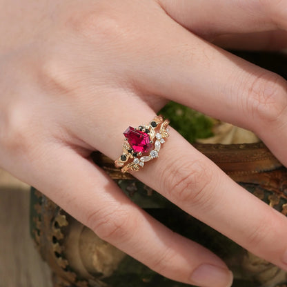 2ct Cocktail Coffin Shaped Ruby & Black Onyx Bridal Set 2pcs-Sophia