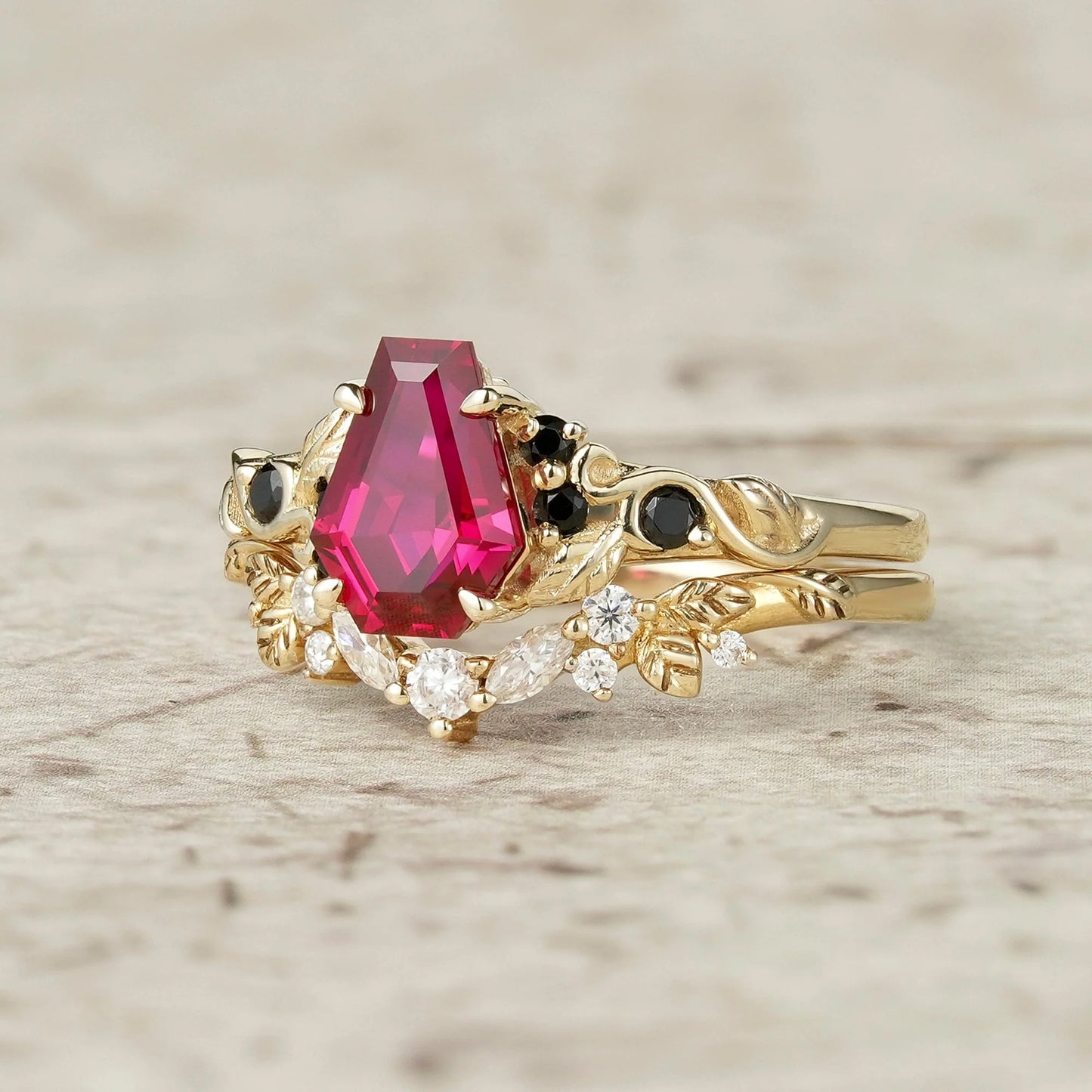 2ct Cocktail Coffin Shaped Ruby & Black Onyx Bridal Set 2pcs-Sophia