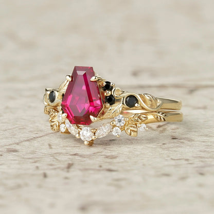 2ct Cocktail Coffin Shaped Ruby & Black Onyx Bridal Set 2pcs-Sophia