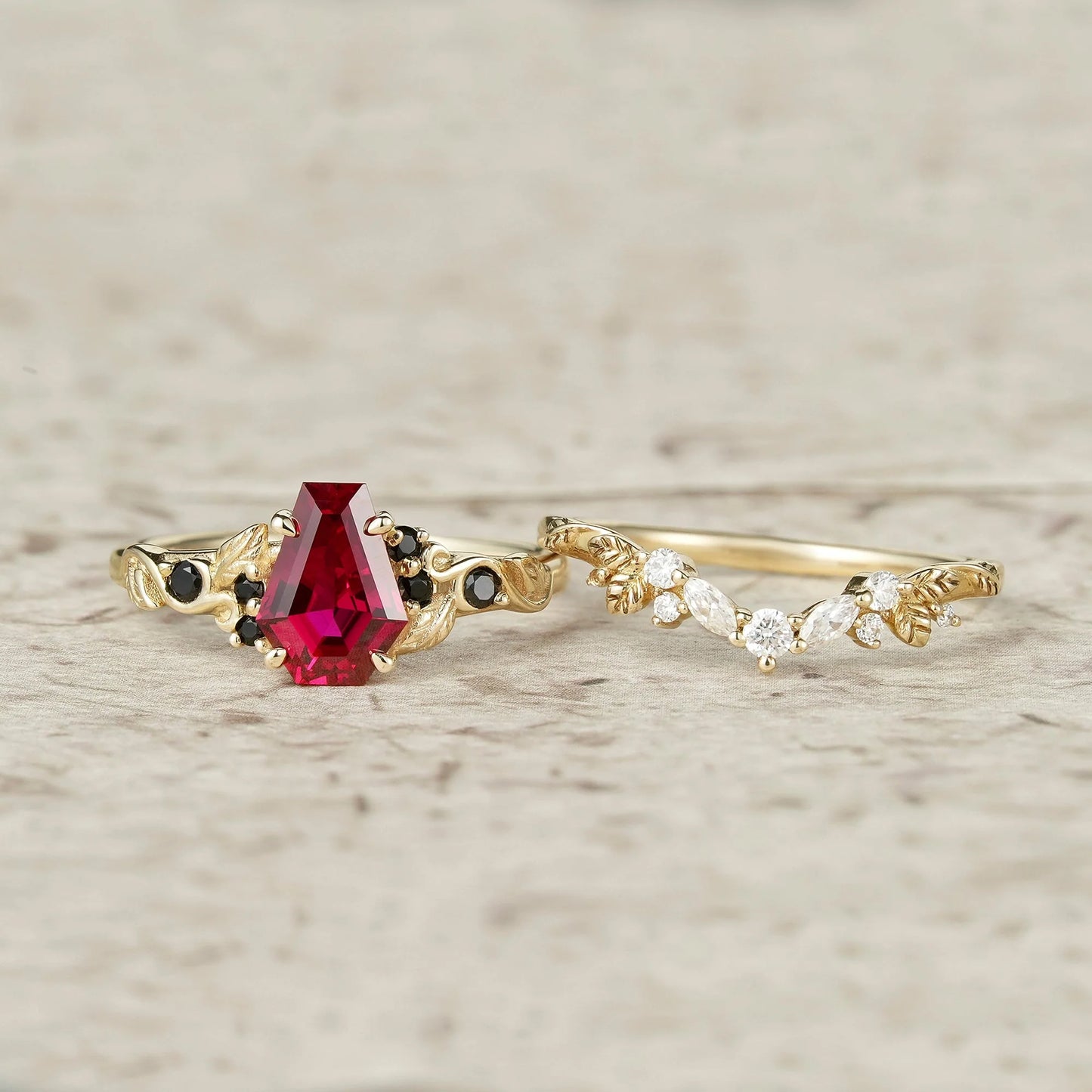 2ct Cocktail Coffin Shaped Ruby & Black Onyx Bridal Set 2pcs-Sophia
