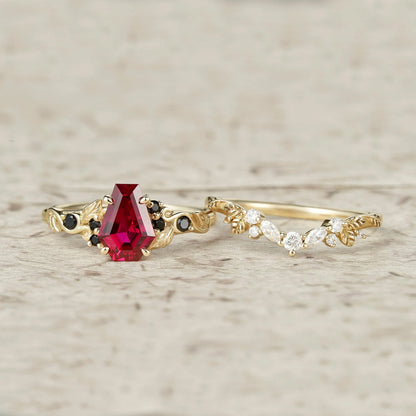 2ct Cocktail Coffin Shaped Ruby & Black Onyx Bridal Set 2pcs-Sophia