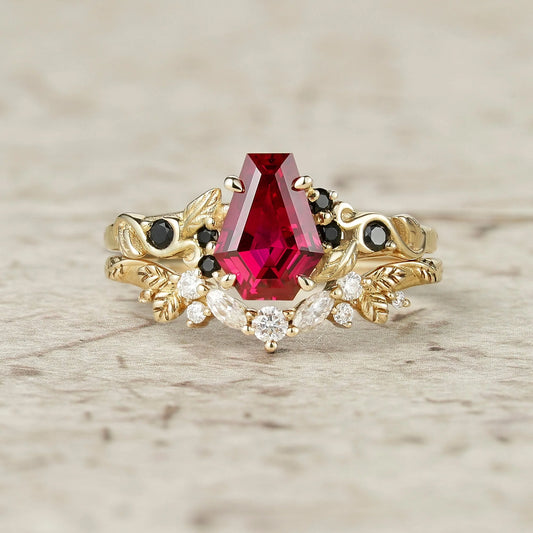 2ct Cocktail Coffin Shaped Ruby & Black Onyx Bridal Set 2pcs-Sophia