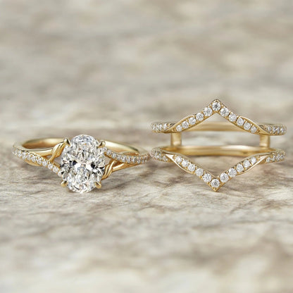 2pcs Oval-cut Lab Grown Diamond Gold Ring set-Tindra