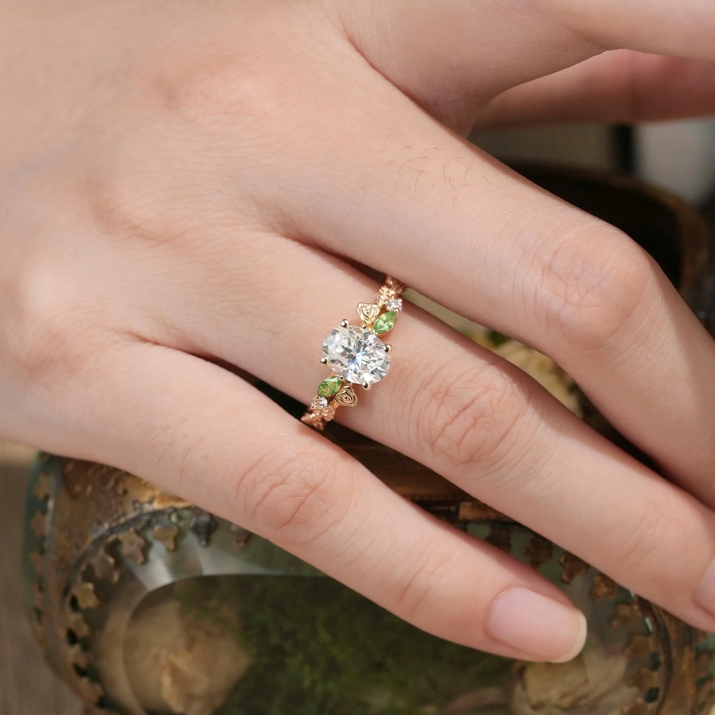 3-stone Moissanite & Peridot Rose Engagement Ring-Althea