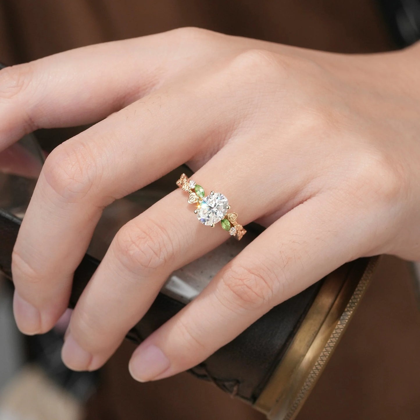 3-stone Moissanite & Peridot Rose Engagement Ring-Althea