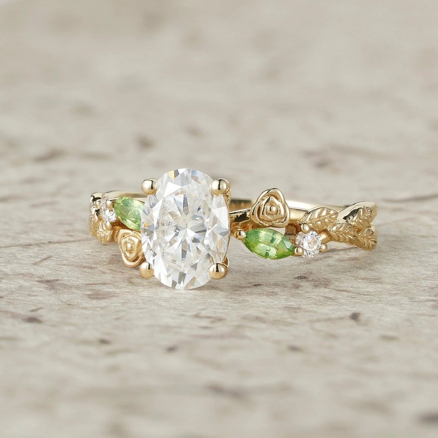 3-stone Moissanite & Peridot Rose Engagement Ring-Althea
