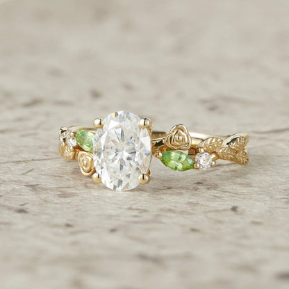 3-stone Moissanite & Peridot Rose Engagement Ring-Althea