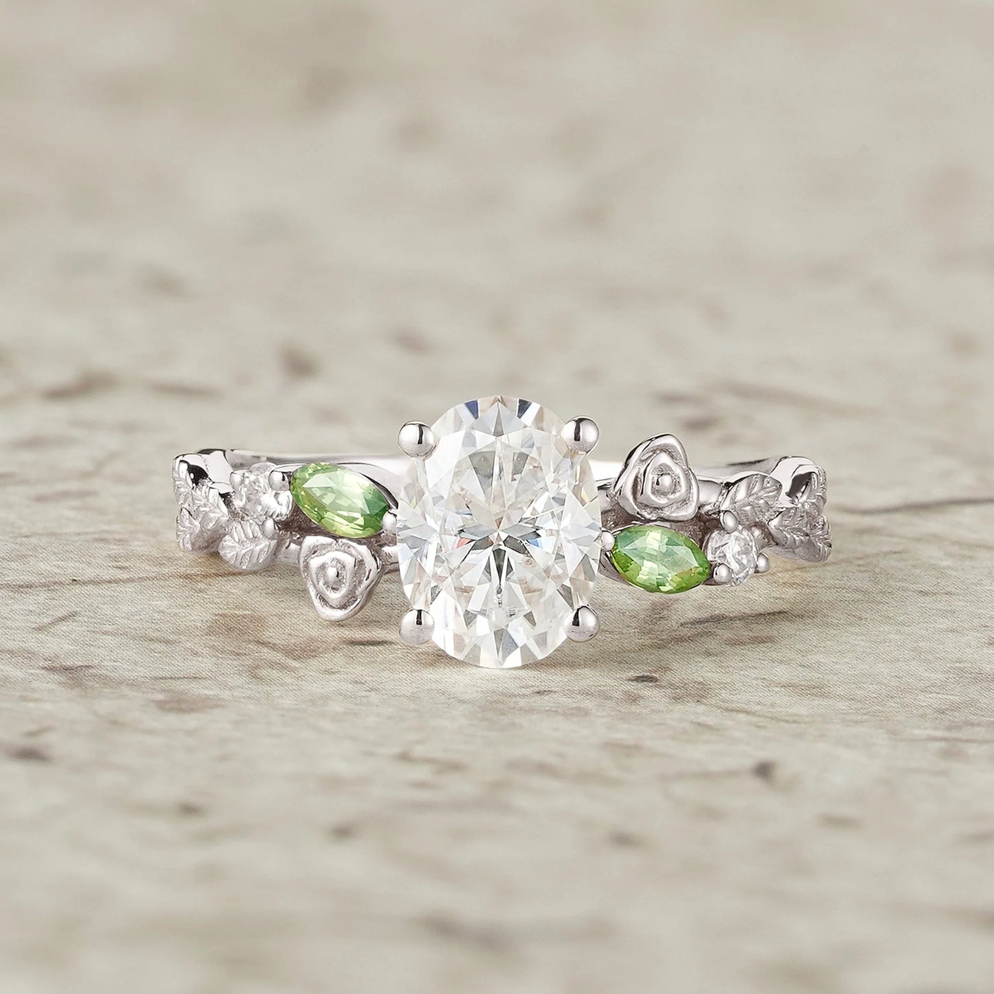 3-stone Moissanite & Peridot Rose Engagement Ring-Althea