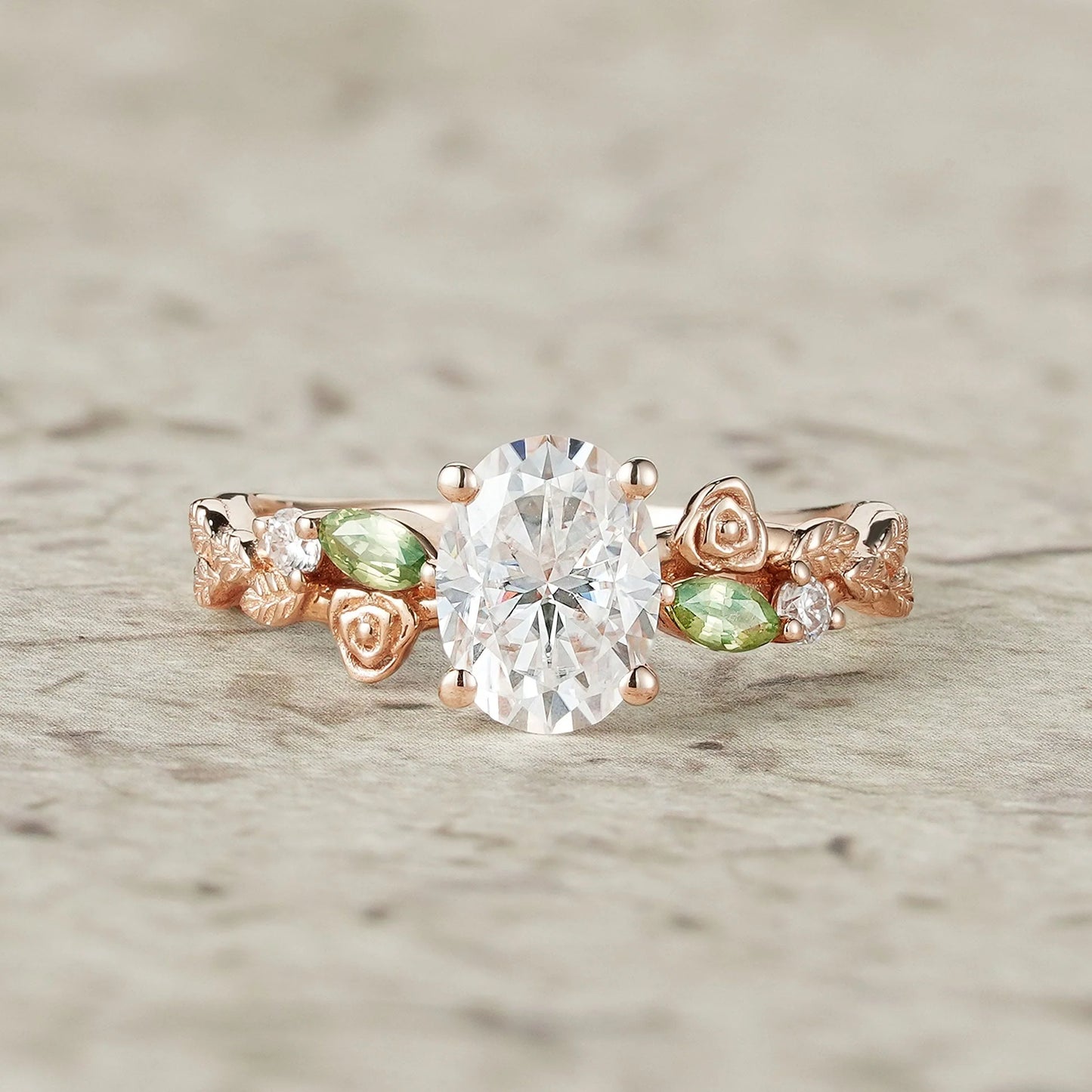 3-stone Moissanite & Peridot Rose Engagement Ring-Althea