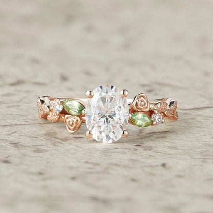 3-stone Moissanite & Peridot Rose Engagement Ring-Althea