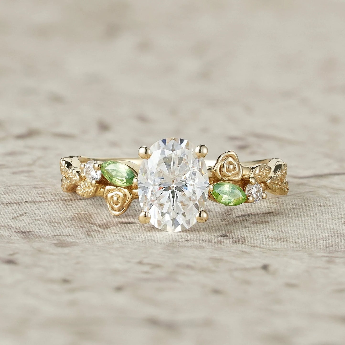 3-stone Moissanite & Peridot Rose Engagement Ring-Althea