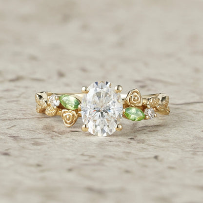3-stone Moissanite & Peridot Rose Engagement Ring-Althea