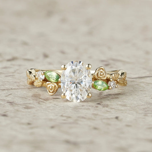3-stone Moissanite & Peridot Rose Engagement Ring-Althea