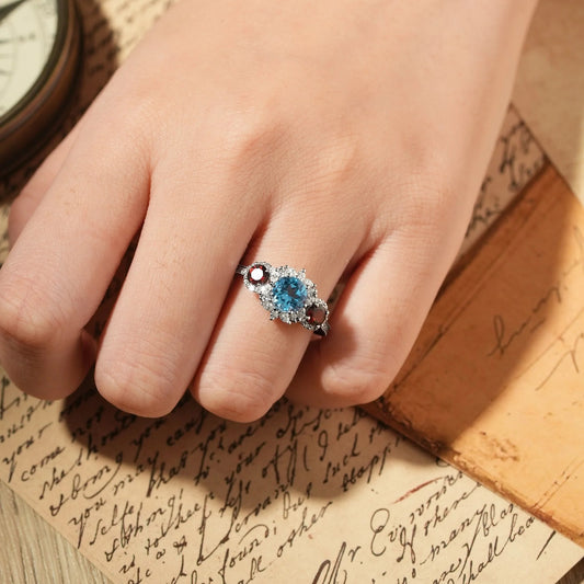3-Stones Blue Topaz White Gold Halo Engagement Ring-Coraline