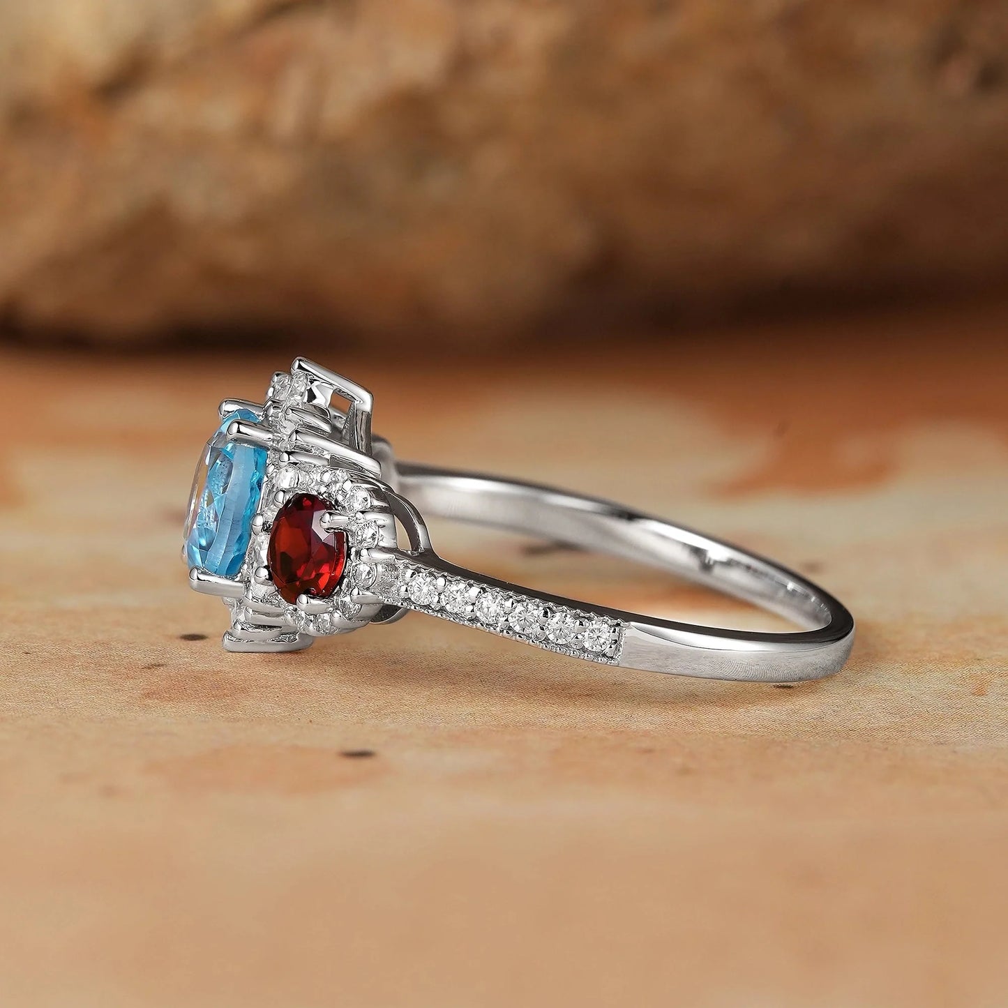 3-Stones Blue Topaz White Gold Halo Engagement Ring-Coraline