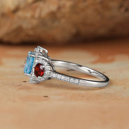 3-Stones Blue Topaz White Gold Halo Engagement Ring-Coraline