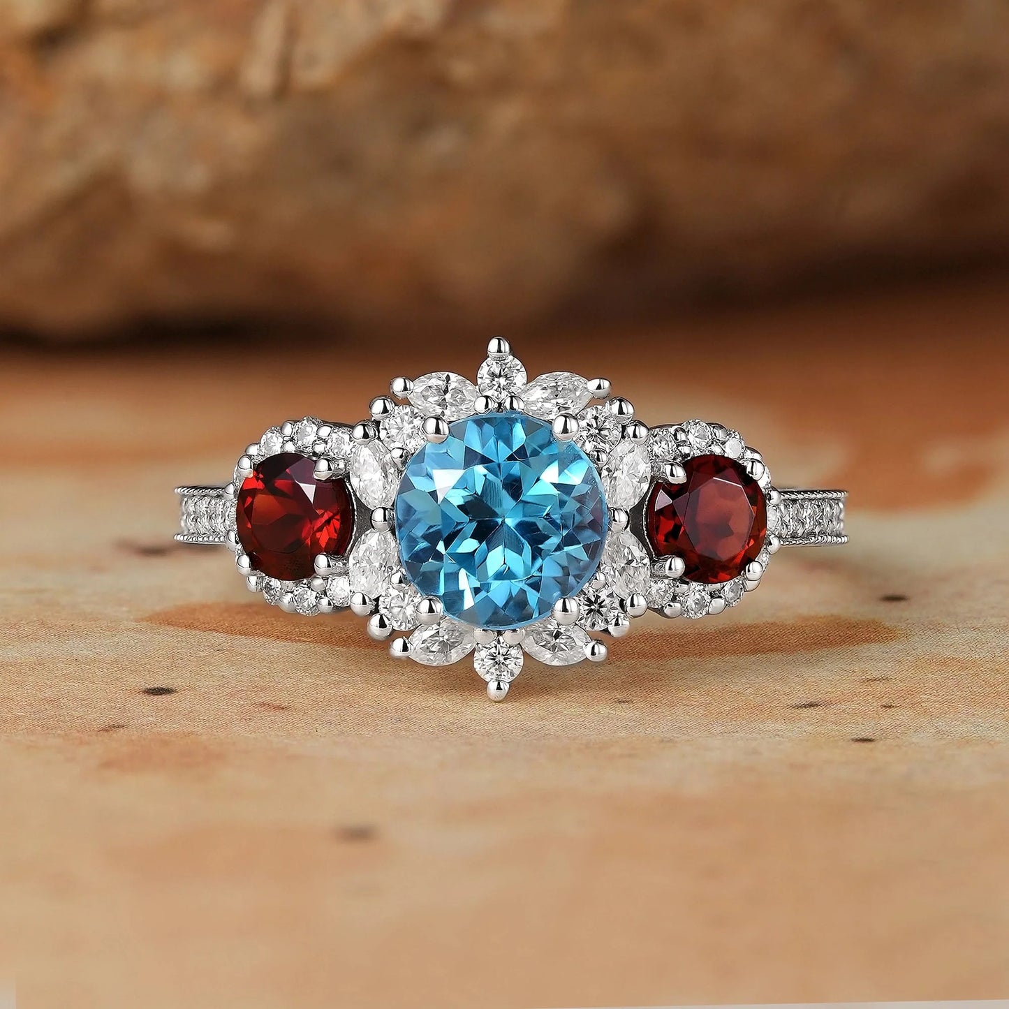 3-Stones Blue Topaz White Gold Halo Engagement Ring-Coraline