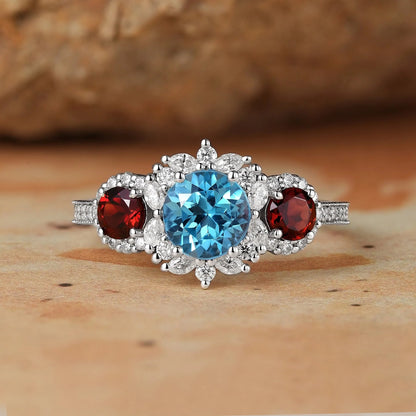 3-Stones Blue Topaz White Gold Halo Engagement Ring-Coraline