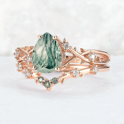 Unique Pear Cut Moss Agate Moissanite Vine Ring Set 2pcs