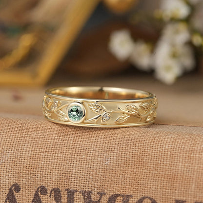 3mm Round Green Sapphire Leafy Men's Ring-Liam