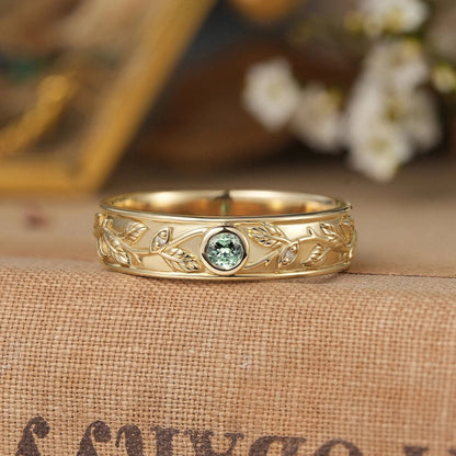 3mm Round Green Sapphire Leafy Men's Ring-Liam