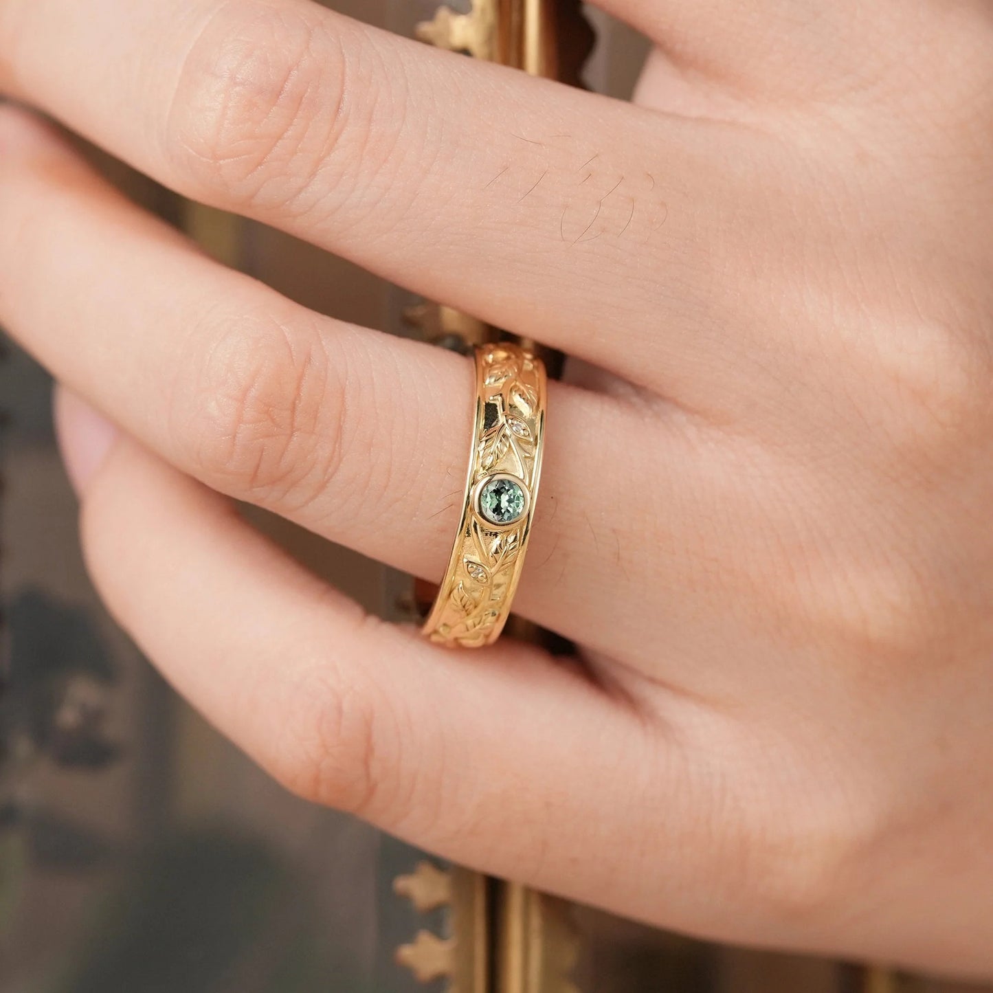 3mm Round Green Sapphire Leafy Men's Ring-Liam