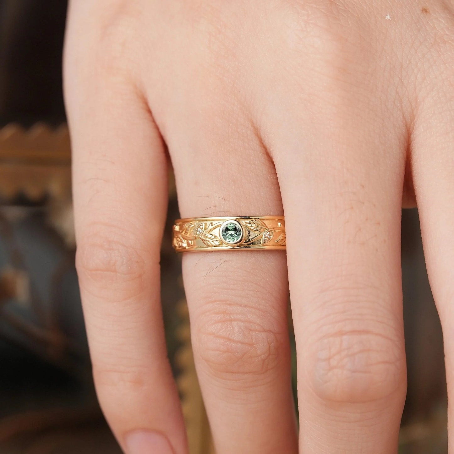 3mm Round Green Sapphire Leafy Men's Ring-Liam
