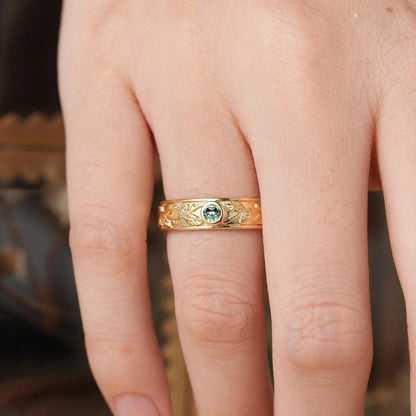 3mm Round Green Sapphire Leafy Men's Ring-Liam