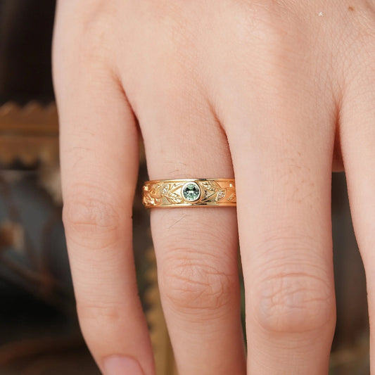 3mm Round Green Sapphire Leafy Men's Ring-Liam