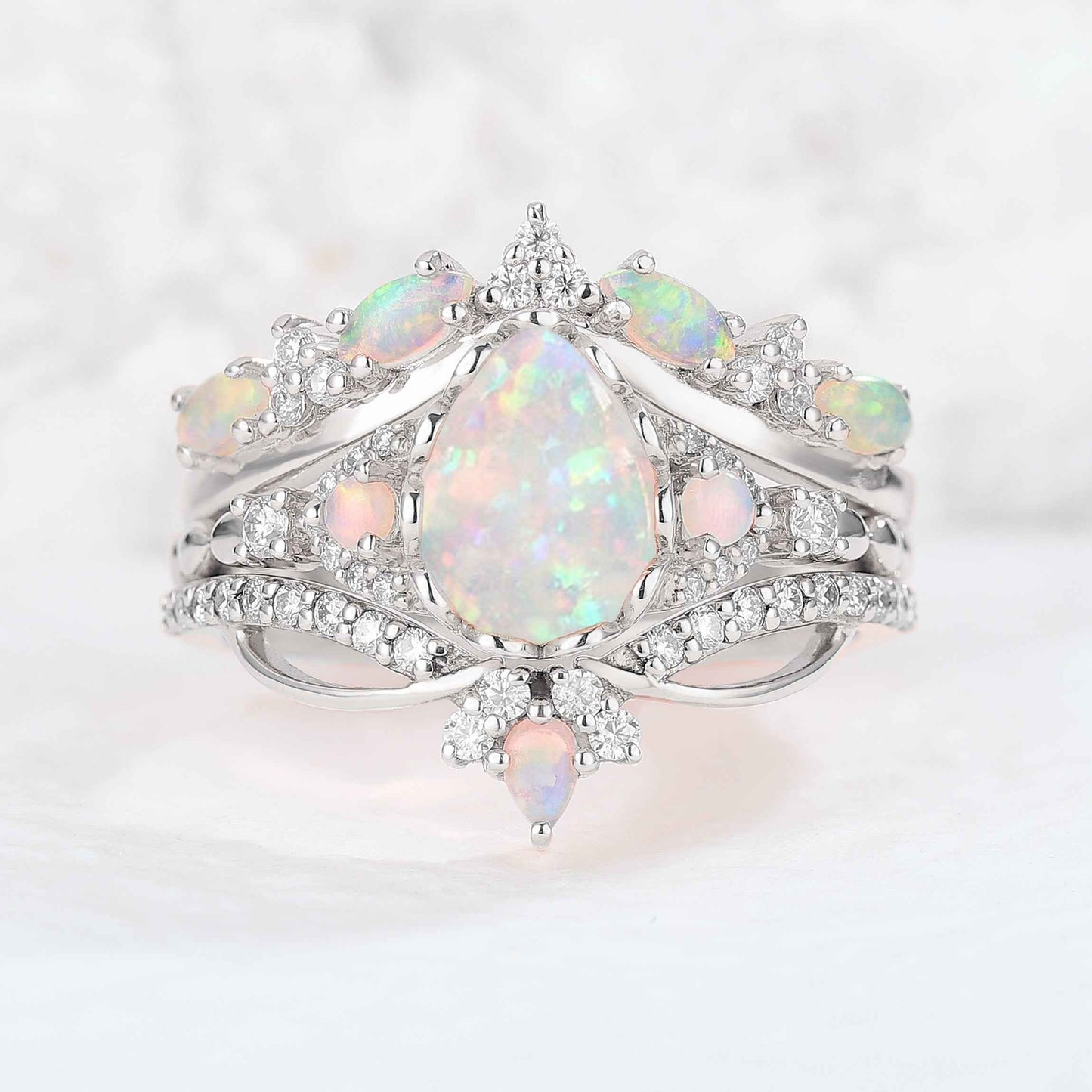 Nature Pear Cut Opal Vine Handmade Gemstone Ring Set 3pcs